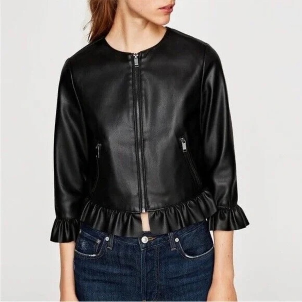 Zara Black Leather Jacket with Ruffled Details